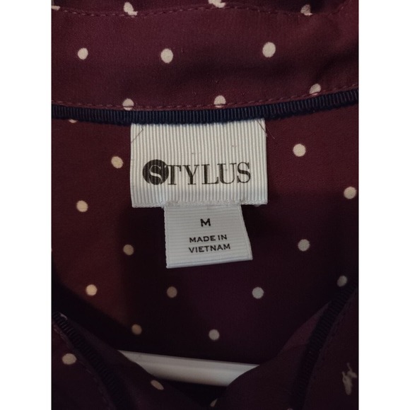 Stylus Wine Plum Polka Dot Button Up Long Sleeve Blouse Size Medium - Picture 3 of 4